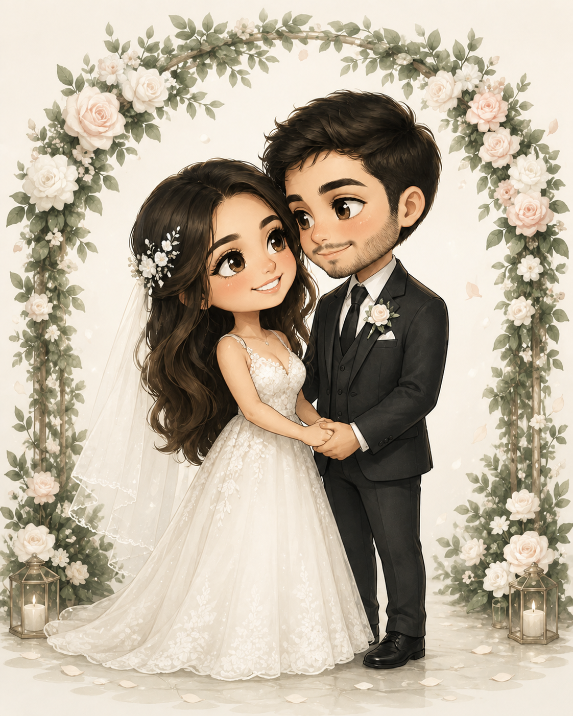 Ilustración de Camila y Bryan vestidos de novios